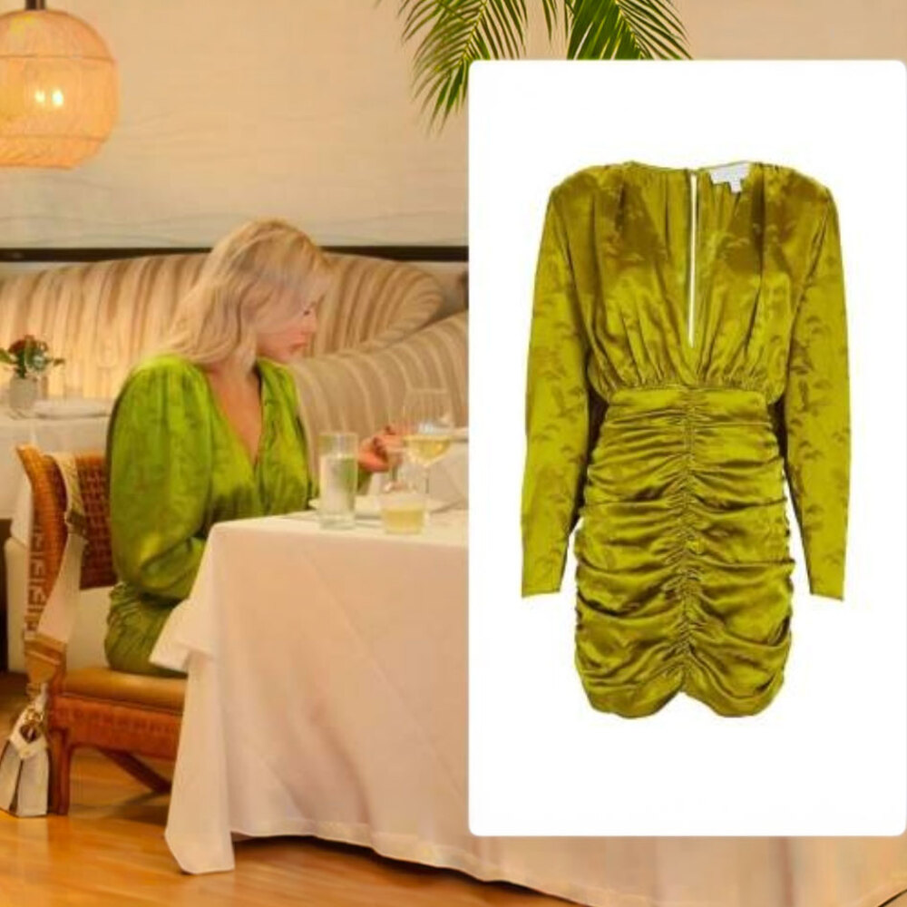 Ronny Kobo Michelle Ruched Silk Satin Jacquard Mini Dress Green Crane Print Sz:L